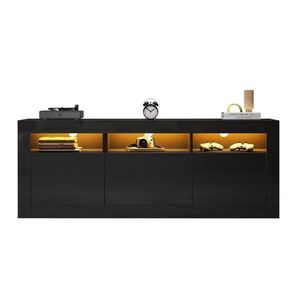 Modfu TV stolek z dřevotřísky 160x35x60 cm černý s LED osvětlením, 2 dvířky, 2 zásuvkami a 3 otevřenými přihrádkami obraz
