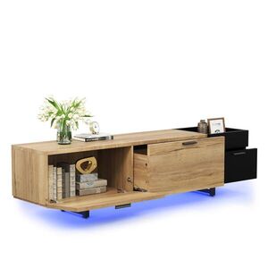Modfu TV stolek z kompozitního dřeva 180x38x49 cm černý s LED osvětlením, zásuvkami a otevřenými přihrádkami obraz