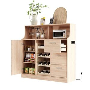 Modfu PŘÍBORNÍK z MDF 120x40x121 cm přírodní/bílý s LED osvětlením, zásuvkou a držákem sklenic obraz