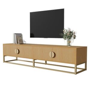 Modfu TV stolek z MDF a dřevotřísky 180x40x40 cm v dekoru dřeva se 4 dvířky, tichým dovíráním a zlatými detaily obraz