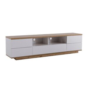 Modfu TV stolek z MDF 180x38x46 cm bílá/barva dřeva s 5 dvířky, 2 otevřenými přihrádkami a lamelovým designem obraz