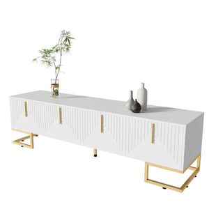 Modfu TV stolek z dřevotřísky 170x40x45, 5 cm bílý se 4 dvířky, nastavitelnými nožkami a zlatými detaily obraz