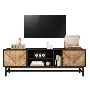 Modfu TV stolek z dřevotřísky 150x38x55 cm černá/přírodní se 2 skříňkami a 3 přihrádkami, kovové nohy obraz