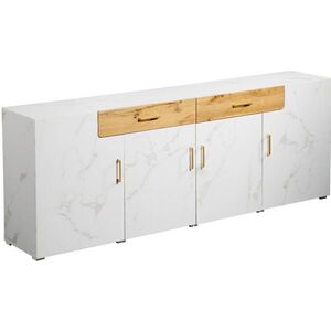 Modfu KOMODA z dřevotřísky 208x39, 5x80 cm bílá se 4 dvířky, 2 zásuvkami a mramorovým dekorem obraz