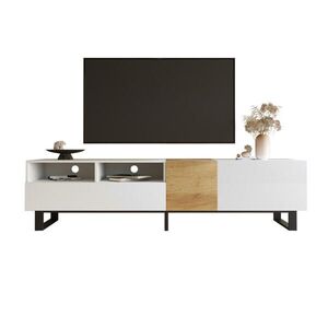 Modfu TV stolek z MDF 180x50x38 cm bílá a dřevodekor se 2 zásuvkami, 2 dvířky a černými kovovými nohami obraz
