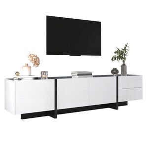 Modfu TV stolek z dřevotřísky 190x45x35 cm bílá a černá se 3 dvířky, 2 zásuvkami a vysokým leskem obraz