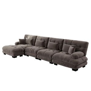 Modfu MODULÁRNÍ rohová pohovka z chenilu 406x145x81 cm hnědá s pohyblivým otomanem, variabilním uspořádáním obraz
