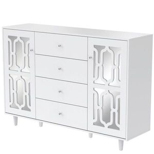 Modfu KOMODA z MDF 147, 5x102x40 cm bílá se zrcadlovým povrchem, 2 dvířky, 4 zásuvkami a křišťálovými úchytkami obraz