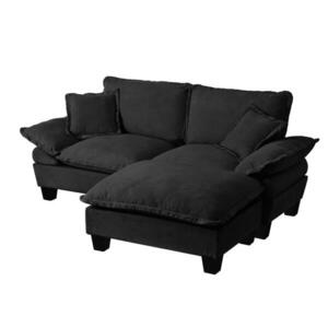 Modfu ROHOVÁ pohovka z chenille 194x151x90 cm černá s pohyblivým otomanem a 2 polštáři, měkké pohodlí obraz