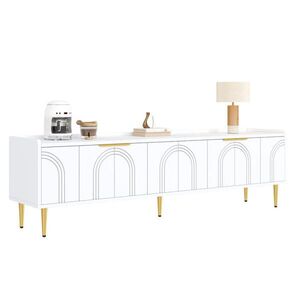 Modfu TV stolek z MDF 170x35x47, 5 cm bílý se zlatými detaily, kabelovým průchodem a 3D dvířky obraz