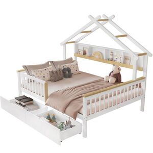 OKWISH DĚTSKÁ postel 140/200 cm bílá/přírodní z borovice a MDF se stříškou zábranou a 2 zásuvkami obraz