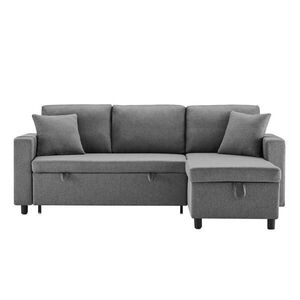 OKWISH ROZKLÁDACÍ pohovka 219, 5/142, 5/83 cm tmavě šedá z lnu s úložným prostorem a dvěma polštáři obraz