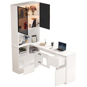 Modfu ROHOVÝ psací stůl z MDF 120x80x180 cm bílý s regálem, LED vitrínou, průchodkou na kabely a prostorem pro mazlíčka obraz