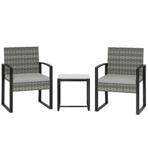 Modfu RATANOVÝ bistro set z oceli 55x58x76 cm světle šedý se 2 křesly, stolkem a snímatelnými polštáři obraz