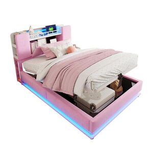 Modfu DĚTSKÁ čalouněná postel z MDF, kovu a sametu 90x200 cm růžová s LED osvětlením obraz