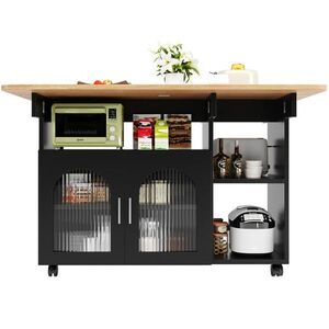 OKWISH KUCHYŇSKÝ ostrůvek 120/70/79, 5 cm černá a přírodní z MDF a skla s výklopnou deskou a úložným prostorem obraz