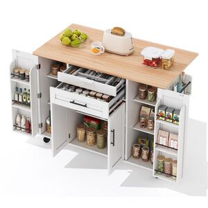 OKWISH KUCHYŇSKÝ ostrůvek 136/70/92 cm bílá a přírodní z MDF s výsuvnou pracovní deskou a úložným prostorem obraz