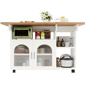 OKWISH KUCHYŇSKÝ ostrůvek 120/30/79, 5 cm bílý z MDF a skla s výklopnou deskou a úložným prostorem obraz