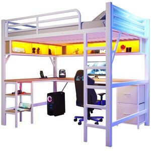 Modfu PATROVÁ postel z MDF a kovu 140x200 cm bílá s psacím stolem, policemi, skříňkou, USB a LED osvětlením obraz
