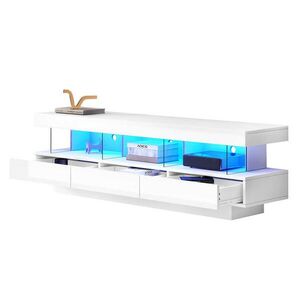 OKWISH TV stolek 160/38/50, 5 cm bílý z dřevotřísky s LED osvětlením a skleněnými přihrádkami obraz