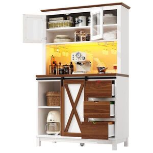 OKWISH VYSOKÁ kuchyňská skříň 104/40/180 cm bílá z MDF, kovu a skla s LED osvětlením a posuvnými dveřmi obraz