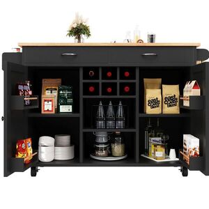 OKWISH KUCHYŇSKÝ ostrůvek 102/45/92 cm černý z MDF a kovu s úložným prostorem a pojezdovými kolečky obraz