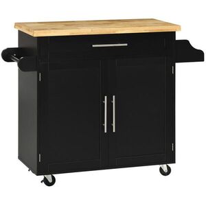 OKWISH KUCHYŇSKÝ vozík 109/40/89 cm černý z dřeva s pracovní deskou, kořením a držákem na utěrky obraz