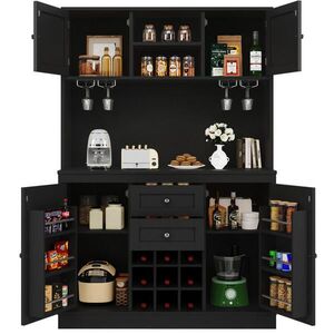 OKWISH KUCHYŇSKÁ skříň 120/40/188 cm černá z MDF s nastavitelnými policemi a vinotékou obraz