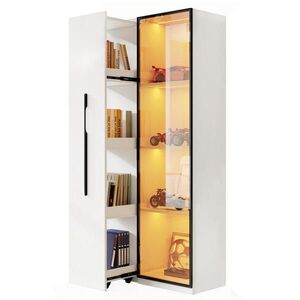 OKWISH BOČNÍ skříň 70/40/160 cm bílá z MDF s vitrínou, LED osvětlením a výsuvným regálem obraz