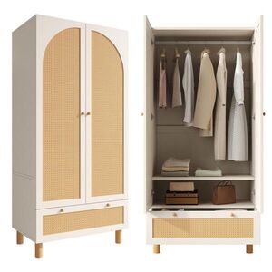 OKWISH ŠATNÍ skříň 180, 5/85, 5/52 cm bílá z MDF, dřevotřísky a borovice s ratanem, zásuvkou a závěsem obraz