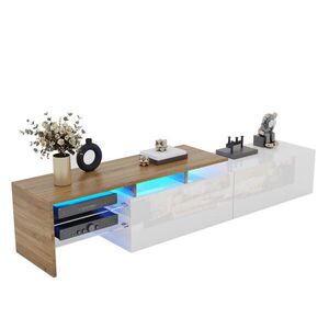 Modfu TV stolek z dřevotřísky 170x33x33, 5 cm bílá/přírodní se skleněnými policemi, LED osvětlením a úložným prostorem obraz