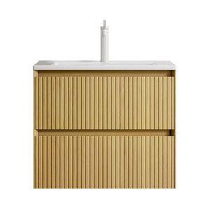 OKWISH ZÁVĚSNÁ koupelnová skříňka s umyvadlem 61 cm bílá a zlatý dub z keramiky se 2 zásuvkami obraz
