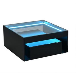OKWISH KONFERENČNÍ stolek 70/70/35 cm černý z MDF a tvrzeného skla s LED a 2 zásuvkami obraz