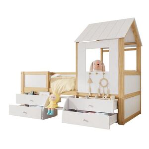 OKWISH POLODĚTSKÁ postel 90/200 cm bílá a přírodní z borovice, MDF a překližky s domečkem, schody a úložným prostorem obraz