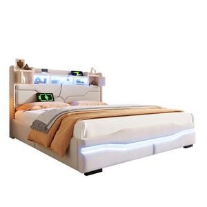 OKWISH ČALOUNĚNÁ postel 160/200 cm béžová z lnu s úložným prostorem a LED osvětlením obraz