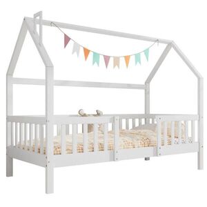 OKWISH DĚTSKÁ postel domeček 90/200 cm bílá z borovice se střechou a zábradlím obraz