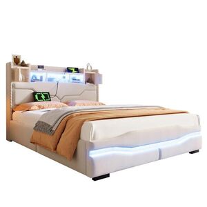 OKWISH ČALOUNĚNÁ postel 140/200 cm béžová z lnu s hydraulickým úložným prostorem a LED obraz