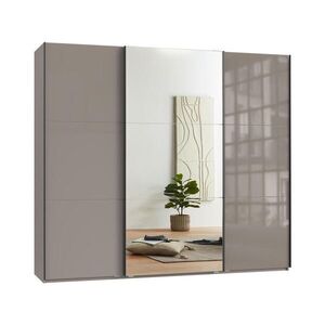 luma-home SKŘÍŇ S POSUVNÝMI DVEŘMI, 3dveřová, 250 × 216 × 65 cm (Š×V×H), v pískově šedé barvě se skleněnou přední stranou, s jedněmi zrcadlovými dveřm obraz