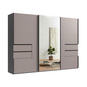 luma-home SKŘÍŇ S POSUVNÝMI DVEŘMI, 3dveřová, 300 × 216 × 65 cm (Š×V×H), korpus v barvě grafit, dveře a zásuvky v barvě pískově šedé / zrcadlové / 220 obraz