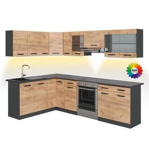 Vicco ROHOVÁ KUCHYŇSKÁ LINKA R-Line, Zlatý mocný dub/Antracit, 267 x 167 cm s pracovní deskou s páskem LED obraz
