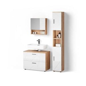 Livinity® KOUPELNOVÝ NÁBYTEK Ronco, Bílá vysoký lesk/Zlatý mocný dub, 3dílná obraz