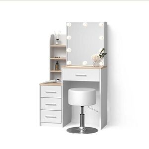 Livinity® TOALETNÍ STOLEK Loreta Bílá/Sonoma s LED osvětlením a taburetem obraz
