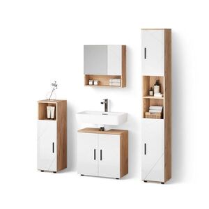 Livinity® KOUPELNOVÝ NÁBYTEK Ronco, Bílá vysoký lesk/Zlatý mocný dub, 4dílná obraz