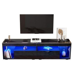 OKWISH TV stolek 180/40/46 cm černý z dřevotřísky a tvrzeného skla s LED podsvícením a 2 zásuvkami obraz