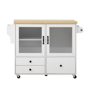 OKWISH KUCHYŇSKÝ ostrůvek 100/42-70/91, 5 cm bílá a přírodní z MDF s výsuvnou pracovní deskou a kolečky obraz