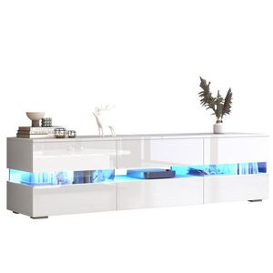 OKWISH TV stolek 160/39/45 cm bílý z dřevotřískové desky s LED osvětlením a push-to-open obraz
