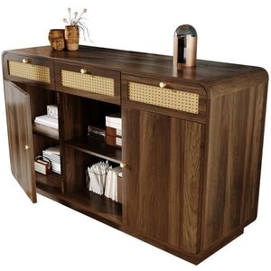 Modfu KOMODA z MDF a dřevotřísky 120x40x85 cm ořechová se 3 zásuvkami, 2 skříňkami a otevřenou policí s ratanem obraz