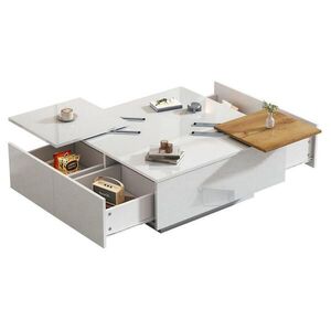 Modfu KONFERENČNÍ stolek z dřevotřísky 75x75x33, 5 cm bílý s vysokým leskem, posuvnými deskami a 4 skrytými zásuvkami obraz