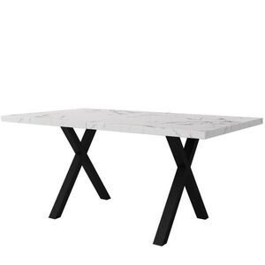 Modfu JÍDELNÍ stůl z MDF a oceli 140x80x76 cm bílý mramorový dekor a černá s křížovou podnoží a všestranným využitím obraz
