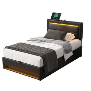 FLIEKS ČALOUNĚNÁ POSTEL 90x190 Černá PU LED USB Úložný Prostor obraz
